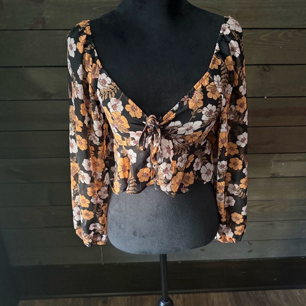 3rd & MALT Floral Tie-Front Long Sleeve Crop Blouse Black Orange Pink Large